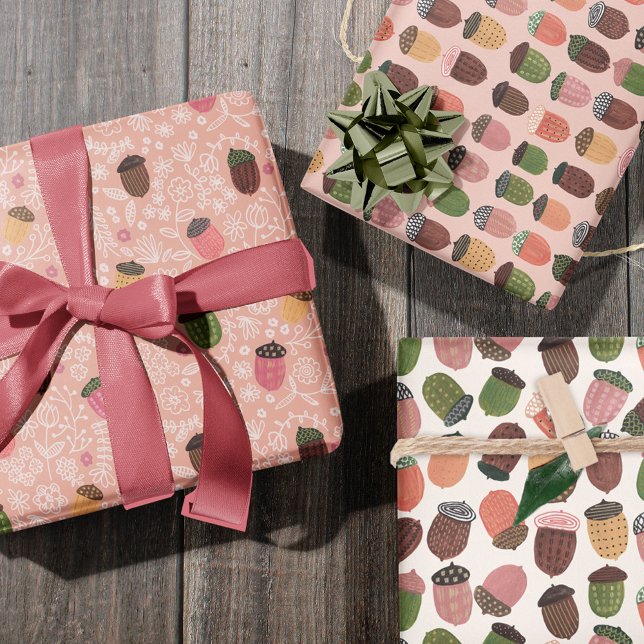 Cute Fall Pink Autumn Acorn Wrapping Paper Sheet (Cute pink Acorn fall all-over print Wrapping Paper Sheets)