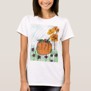 Cute Fall Pumpkin with Purple Flowers T-Shirt