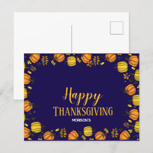 Cute  Fall pumpkins boarder Happy Thanksgiving  Announcement Postcard
