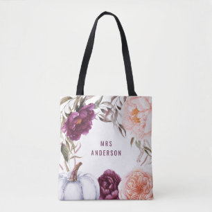 cute fall purple pink floral elegant personalized tote bag