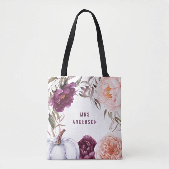 cute fall purple pink floral elegant personalized tote bag (Front)