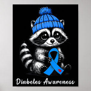 Cute Fall Raccoon And Blue Ribbon Diabetes Awarene Poster