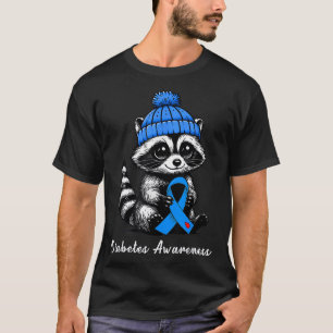 Cute Fall Raccoon And Blue Ribbon Diabetes Awarene T-Shirt