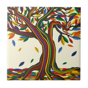Cute Fall Rainbow Tree Pretty Autumn Thanksgiving Tile