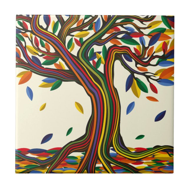 Cute Fall Rainbow Tree Pretty Autumn Thanksgiving Tile (Front)