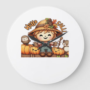 Cute Fall Scarecrow with Pumpkins Oversized T-Shir Large Clock