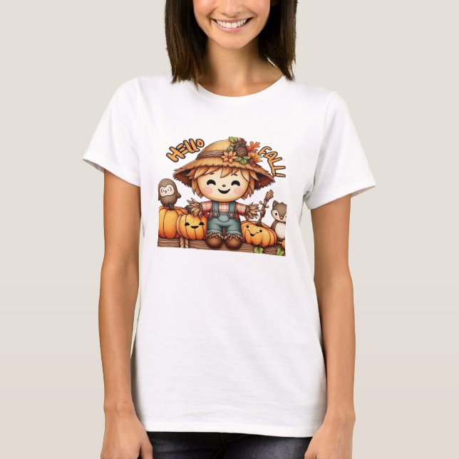 Cute Fall Scarecrow with Pumpkins Oversized T-Shir T-Shirt (Front)