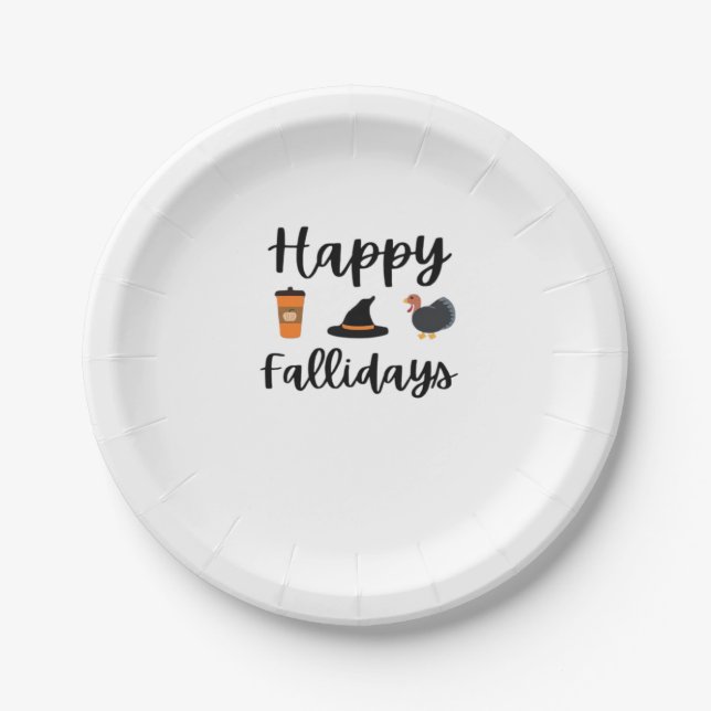 Cute Fall season Happy Fallidays Thanksgiving Hall Paper Plate (Front)