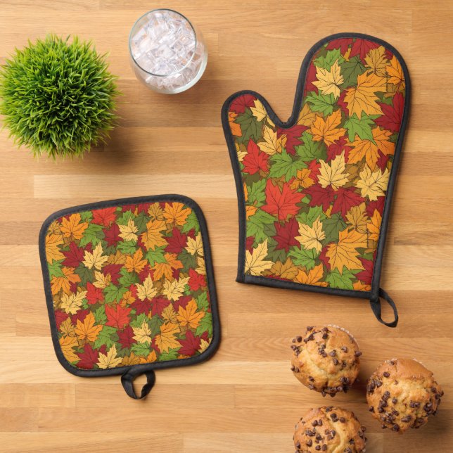 Cute Fall Seasonal leaf pattern kitchen  Oven Mitt & Pot Holder Set (Top Down)