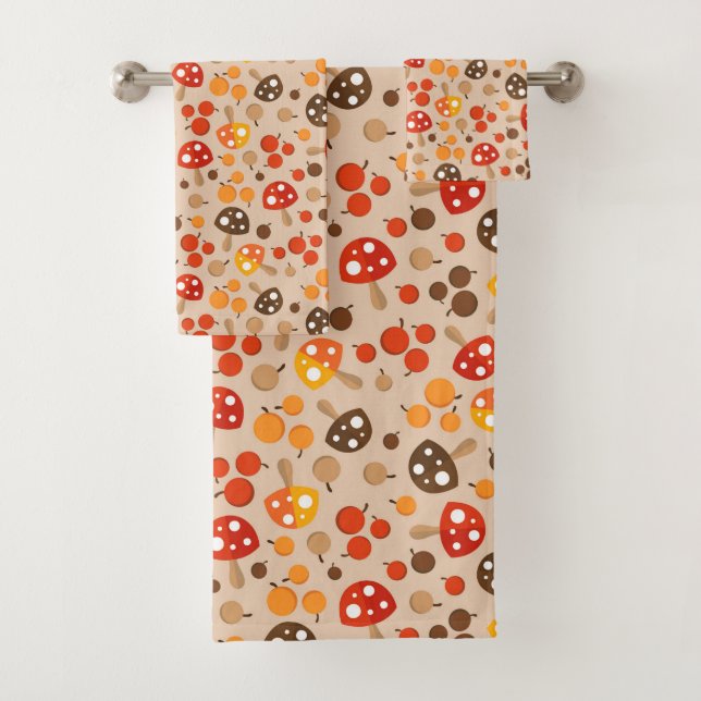 cute Fall Seasonal mushroom tiled pattern Bath Towel Set (Insitu)