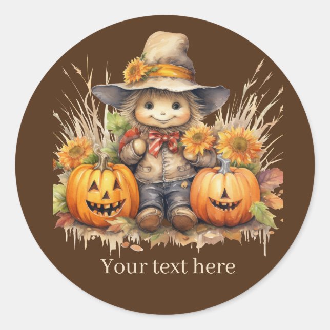 Cute Fall Seasonal scarecrow add text pumpkin  Classic Round Sticker (Front)