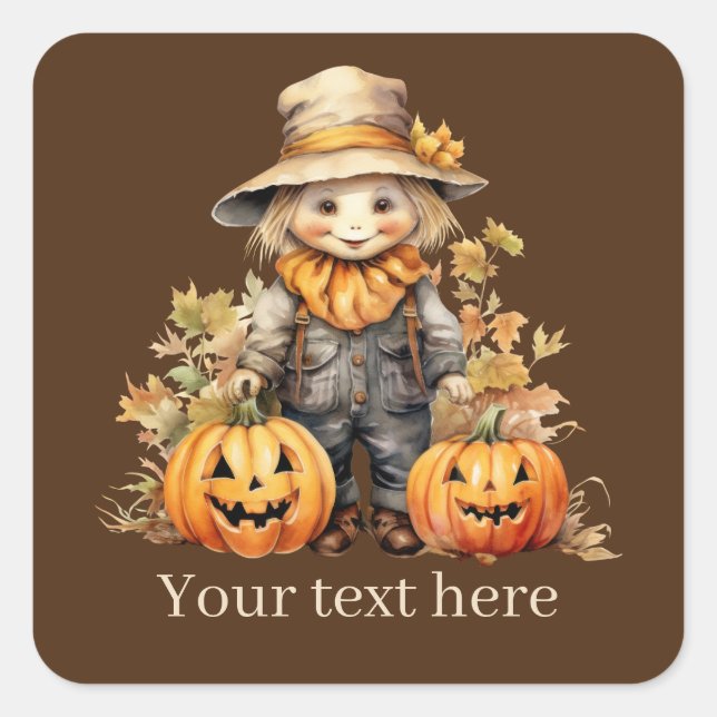 Cute Fall Seasonal scarecrow add text pumpkin Square Sticker (Front)