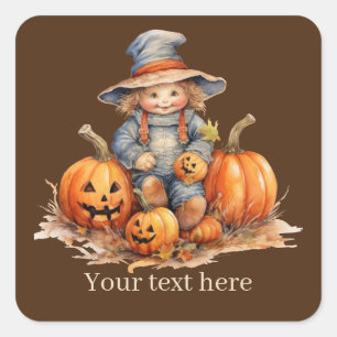 Cute Fall Seasonal scarecrow add text pumpkin  Square Sticker
