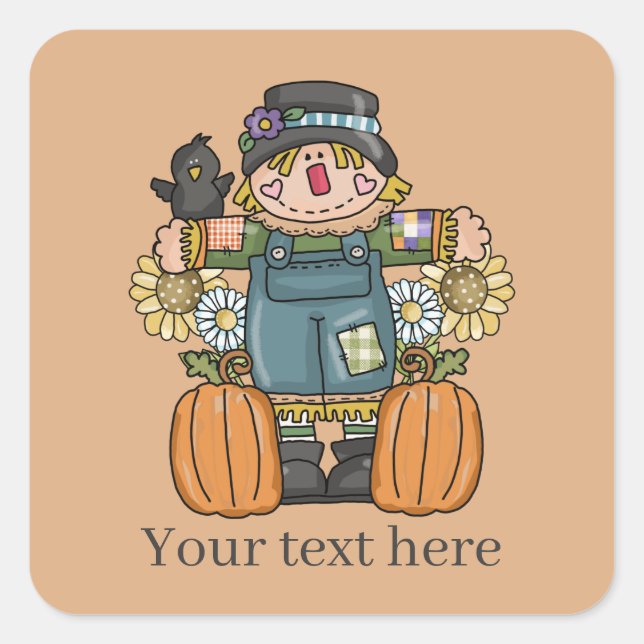 cute Fall Seasonal scarecrow add text Square Sticker (Front)