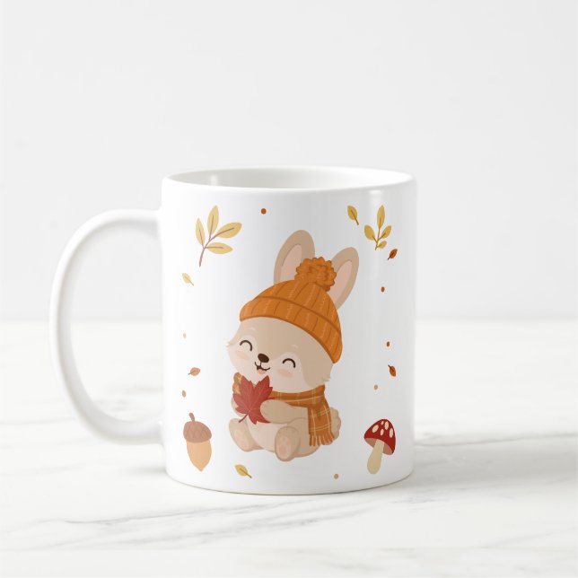 Cute Fall Smiling Bunny Watercolour. Coffee Mug (Left)