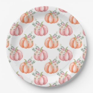 Cute Fall Soft Pink and Orange Floral Pumpkin Paper Plate