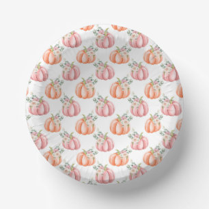 Cute Fall Soft Pink and Orange Floral Pumpkin Paper Plate