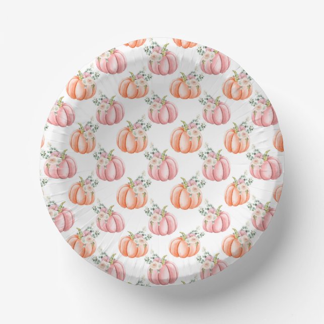 Cute Fall Soft Pink and Orange Floral Pumpkin  Paper Plate (Front)