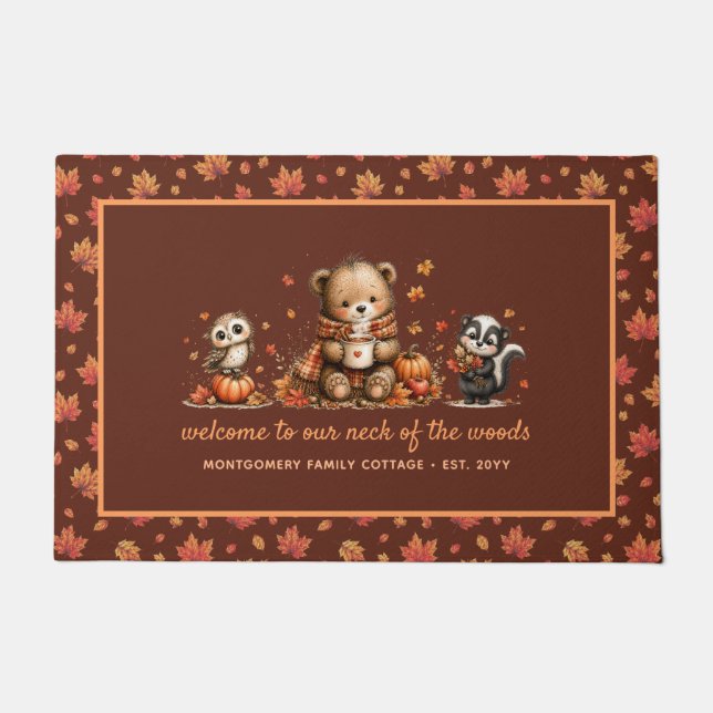 Cute Fall Woodland Animals Autumn Personalized Doormat (Front)