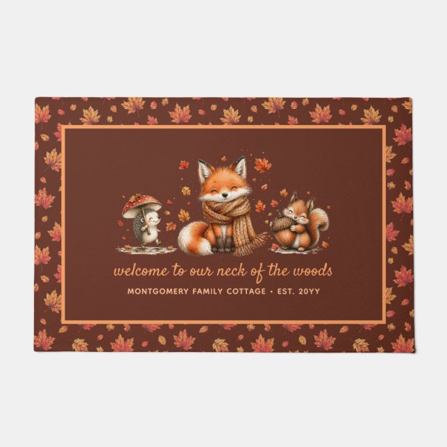 Cute Fall Woodland Animals Personalized Autumn Doormat (Front)