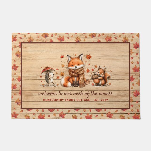 Cute Fall Woodland Animals Rustic Personalized Doormat (Front)