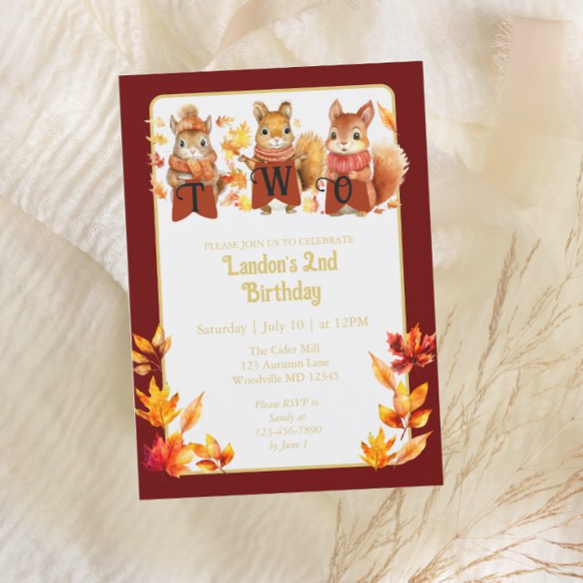 Cute Fall Woodland Squirrel Second Birthday Invitation (Creator Uploaded)