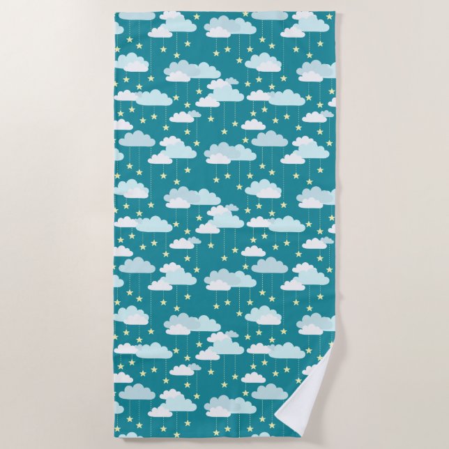 Cute Falling Stars & Clouds Pattern Beach Towel (Front)