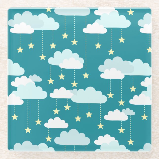 Cute Falling Stars & Clouds Pattern Glass Coaster (Front)