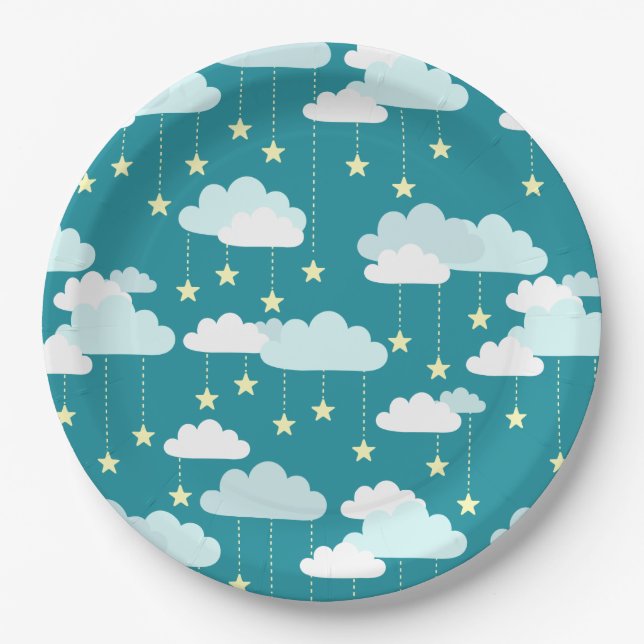 Cute Falling Stars & Clouds Pattern Paper Plate (Front)