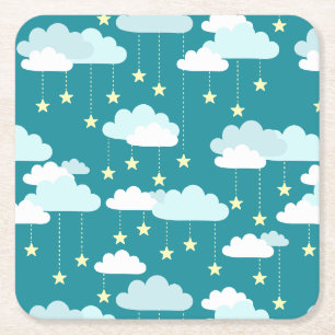 Cute Falling Stars & Clouds Pattern Square Paper Coaster