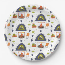 Cute family camping bonfire & tent grass round