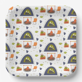 Cute family camping bonfire & tent grass square  paper plate