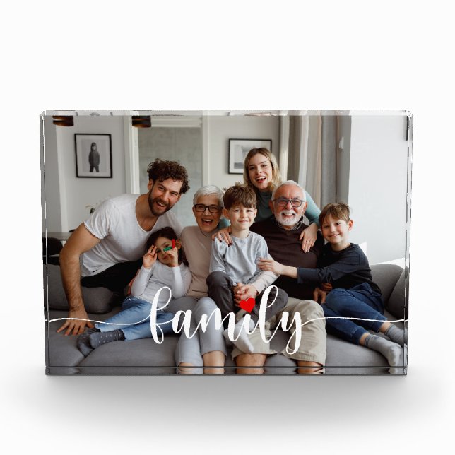 Cute Family Love White Script Custom Horizontal Photo Block (Front)