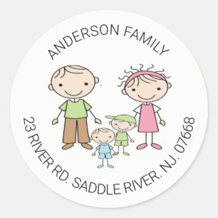 Cute Family of 4 Return Address  Classic Round Sti Classic Round Sticker