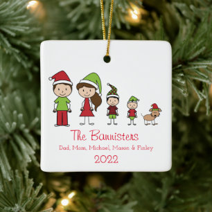 Cute Family of 4 with Pet Christmas Ornament