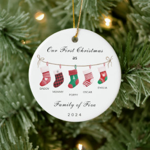 Cute Family of Five First Christmas Five Socks Ceramic Ornament