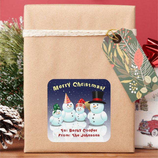 Cute Family of Snowmen Cartoon Square Sticker (Holiday)