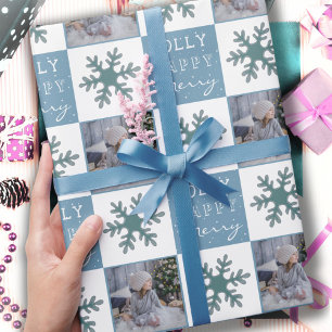 Cute Family Photo Blue Snowflake Christmas Wrapping Paper