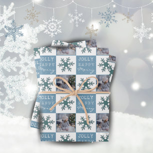 Cute Family Photo Blue Snowflake Christmas Wrapping Paper Sheet