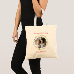 Cute Family Photo Floral Frame Happy Mother's Day Tote Bag