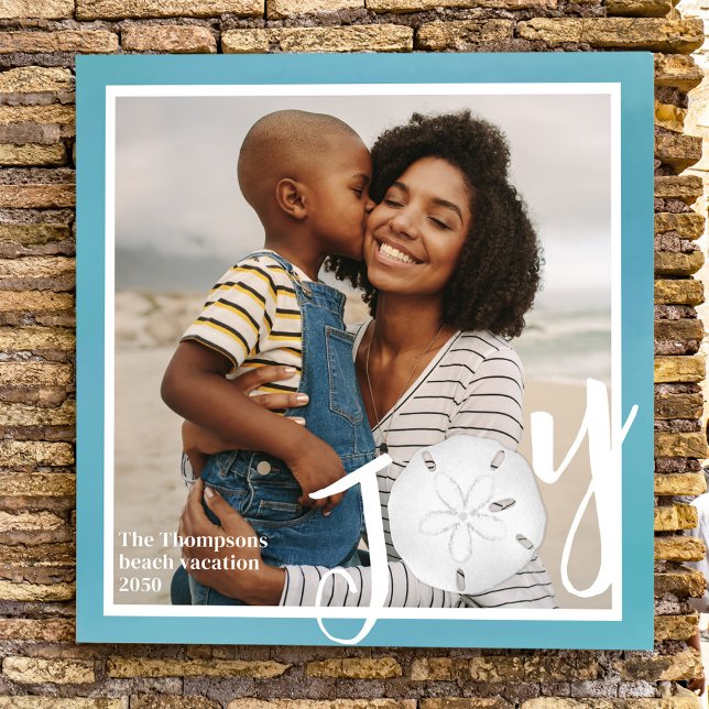Cute Family Photo Joy Personalized Print (Holiday joy typography style photo print with a turquoise background.)