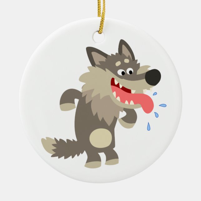 Cute Famished Cartoon Wolf Ornament (Front)