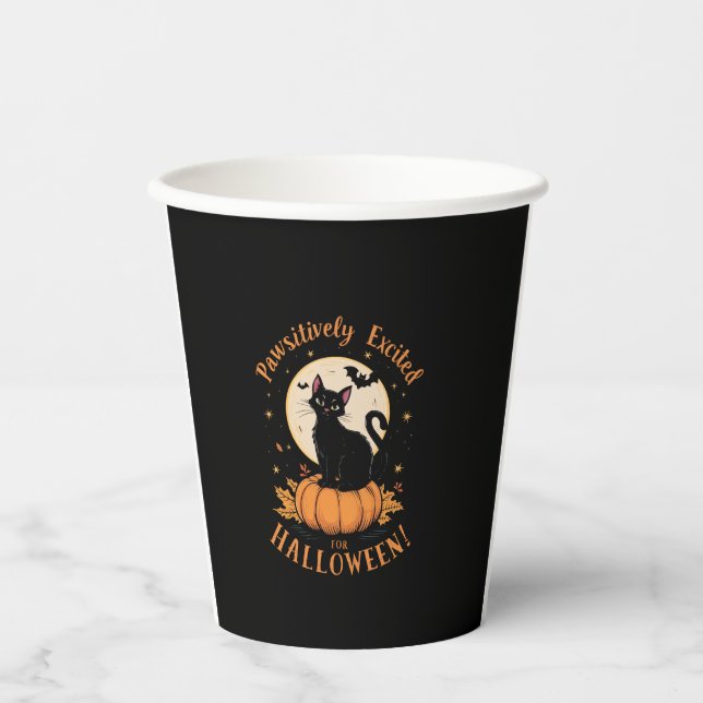 Cute Fancy Cat Pumpkin Bat Pawsitively Excited For Paper Cups (Front)