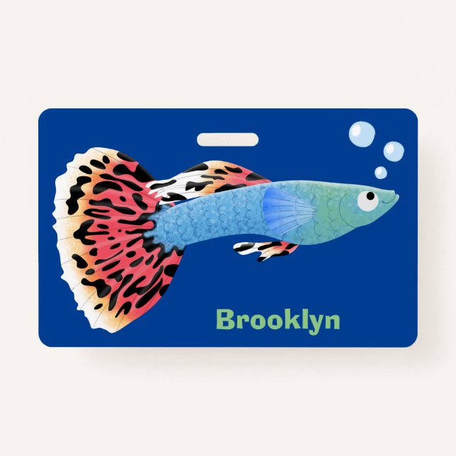Cute fancy guppy tropical fish cartoon badge (Front)