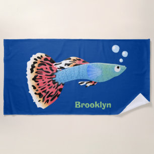 Cute fancy guppy tropical fish cartoon beach towel