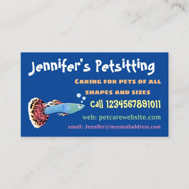 Cute fancy guppy tropical fish cartoon business card (Front)