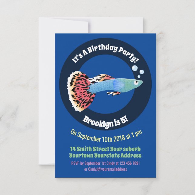 Cute fancy guppy tropical fish cartoon invitation (Front)