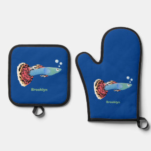 Cute fancy guppy tropical fish cartoon oven mitt & pot holder set