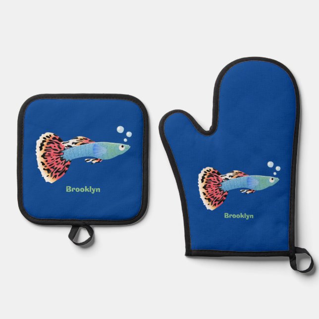 Cute fancy guppy tropical fish cartoon oven mitt & pot holder set (Front)