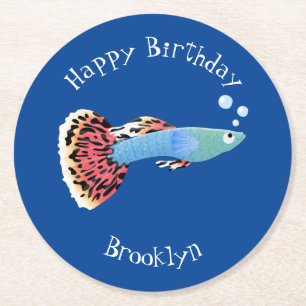 Cute fancy guppy tropical fish cartoon round paper coaster